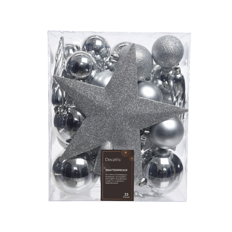 Coffret 33 décorations sapin argent